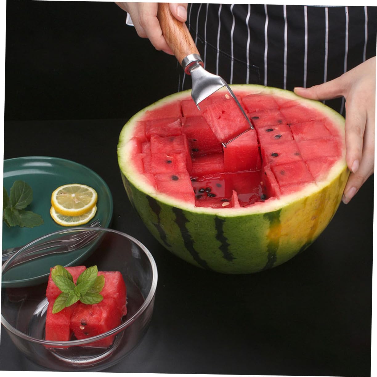 GRIRIW Stainless Steel Watermelon Cutter Tool Portable Fruit Slicing Gadget with Sharp Blades for Cutting Wear Resistant Design for Quick Watermelon Preparation