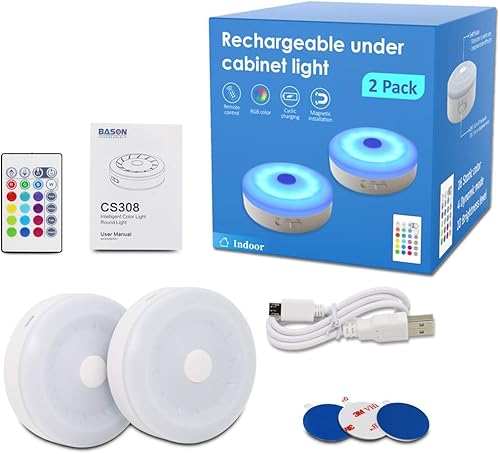 Miniatura 7 de Bason - Luminarias redondas recargables con control remoto, con luces que cambian de color. Iluminación LED ideal para colocar debajo de gabinetes.