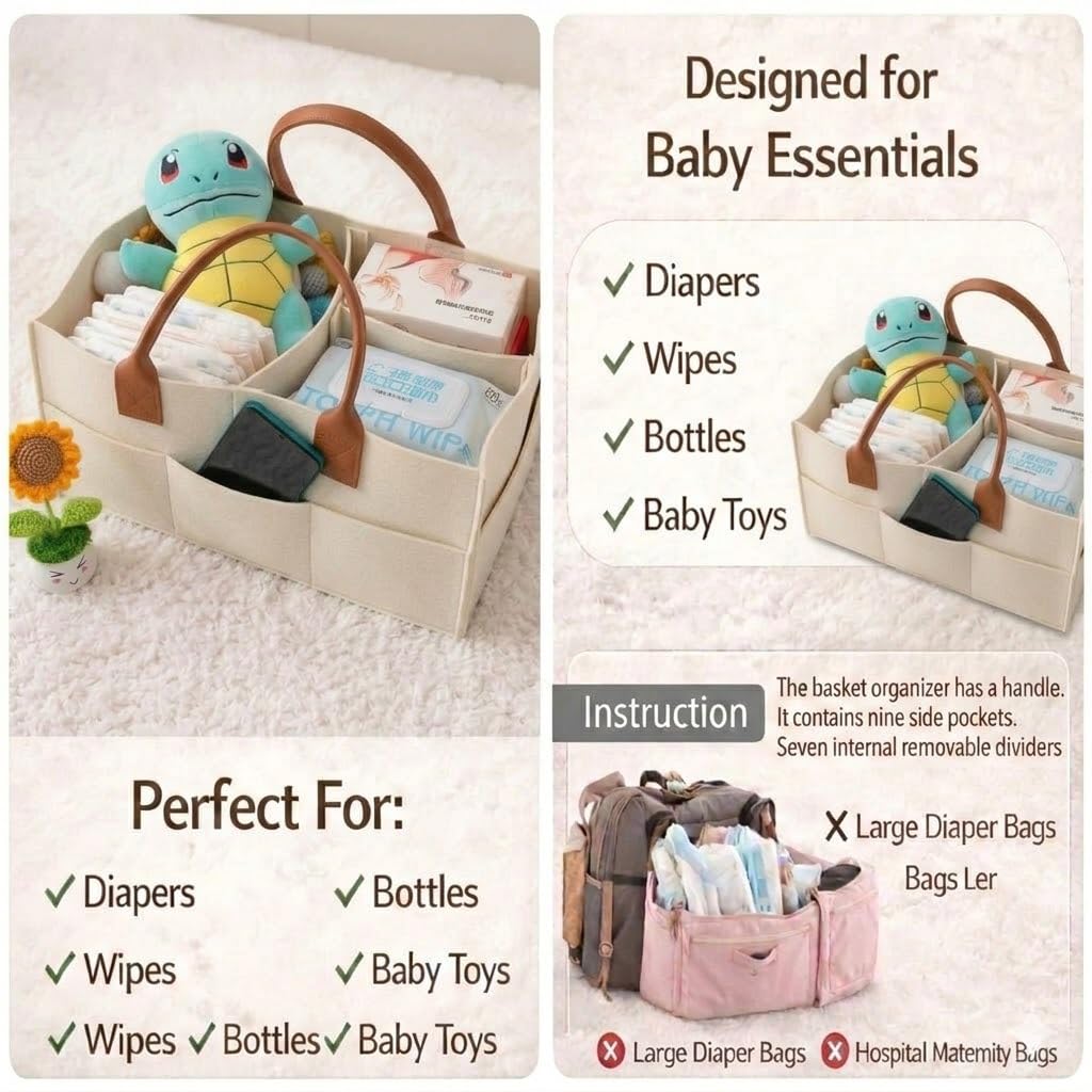 BabyMoon Baby Products Caddy Diaper Organiser Bag | Multifunctional Travel Diaper Backpack Baby Wipes Felt Storage, Nursery, Foldable and Portable | Pink 1