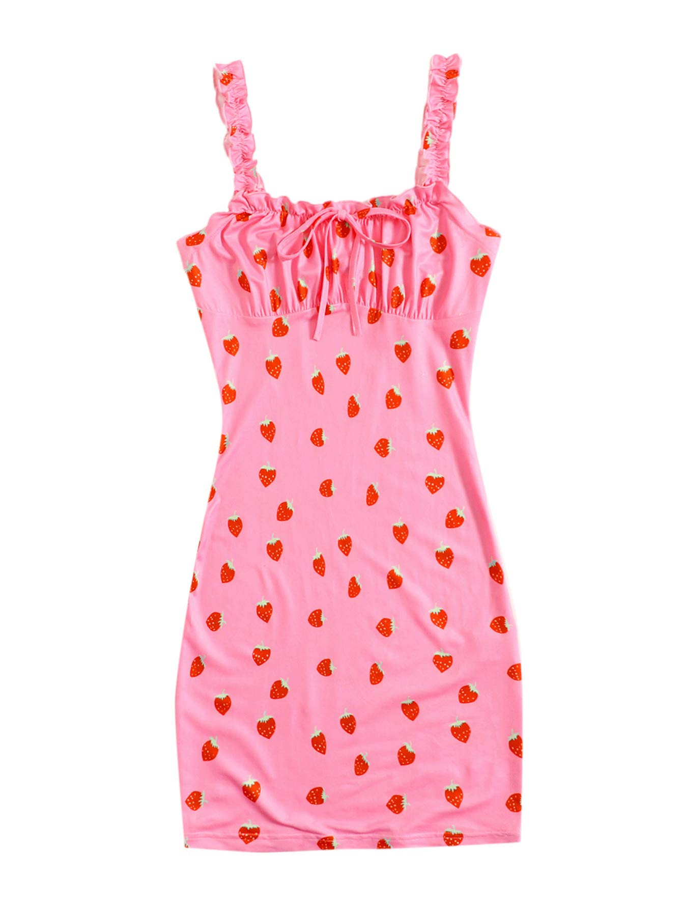 Romwe Women's Ruched Bust Sleeveless Ruffle Party Cami Bodycon Dress - Medium Strawberry Pink