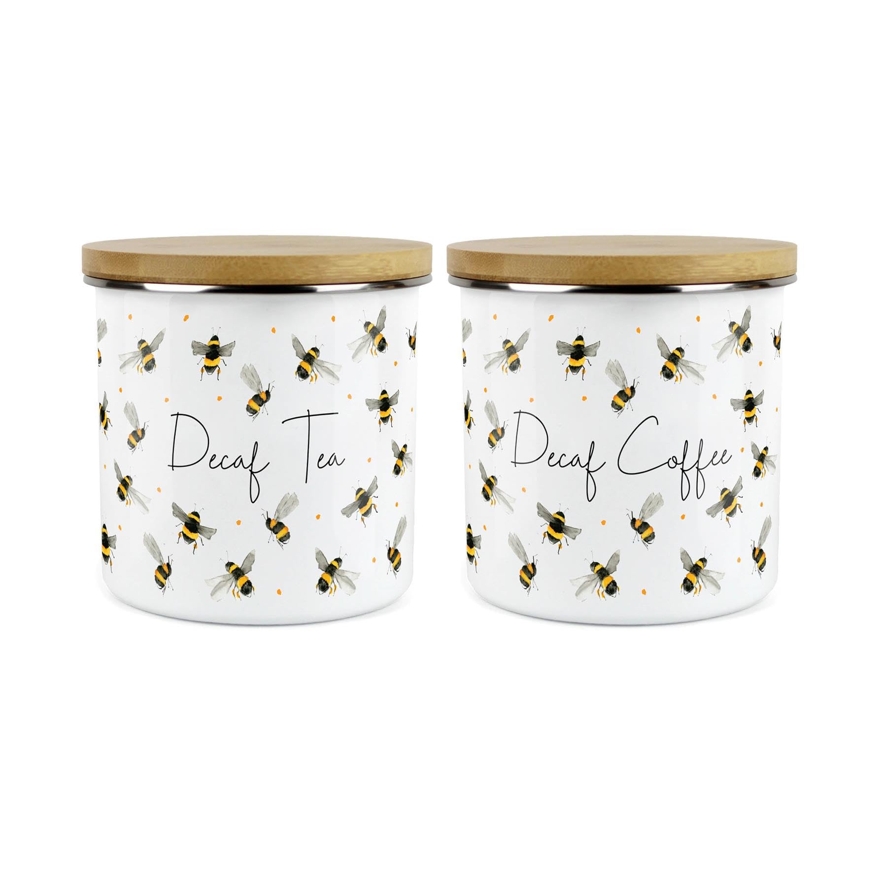 Purely Home Scattered Bees Decaf Tea & Decaf Coffee Canister Set - Bumblebee Metal Enamel Hot Drinks Storage Container Set Of 2