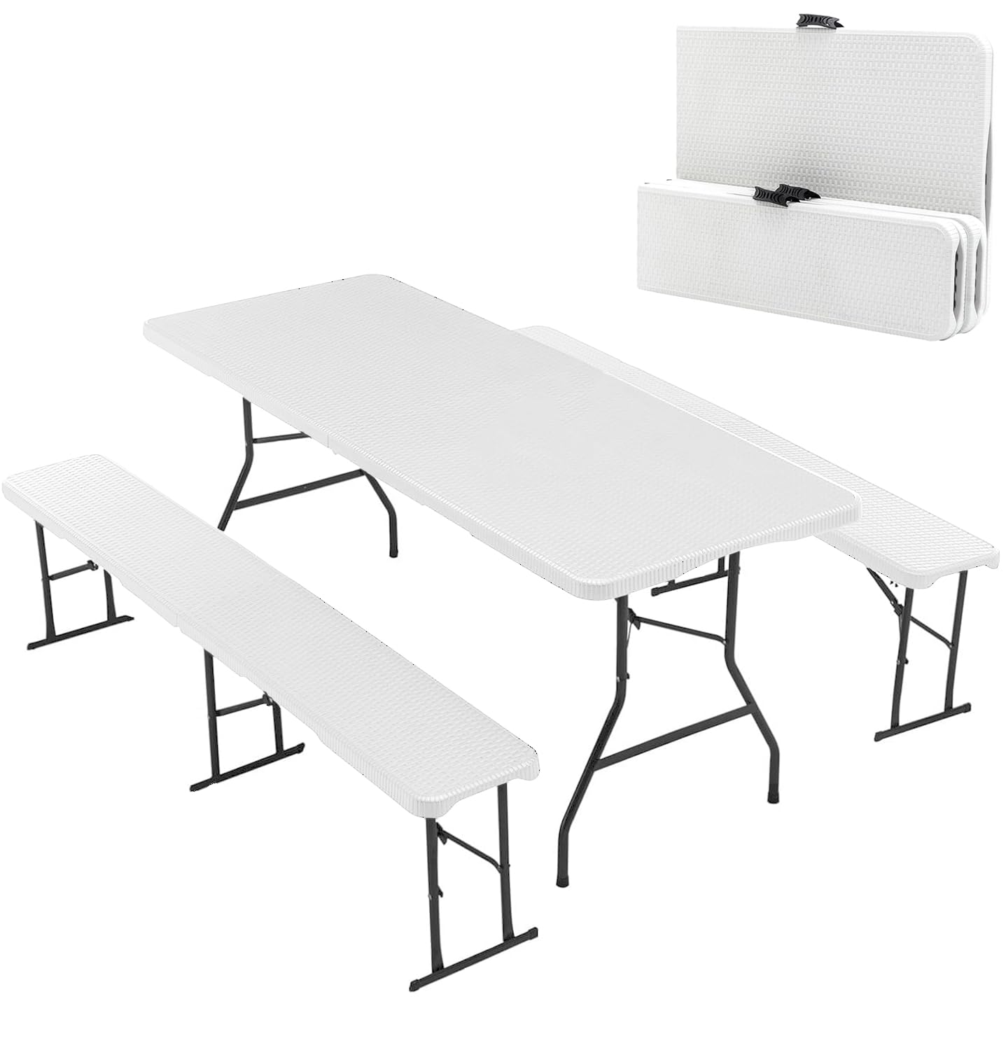 BIRCHTREE Folding Foldable Table Bench Set 6FT 1.8M Heavy Duty HDPE Steel Legs Portable Outdoor Camping Garden Picnic BBQ Party White