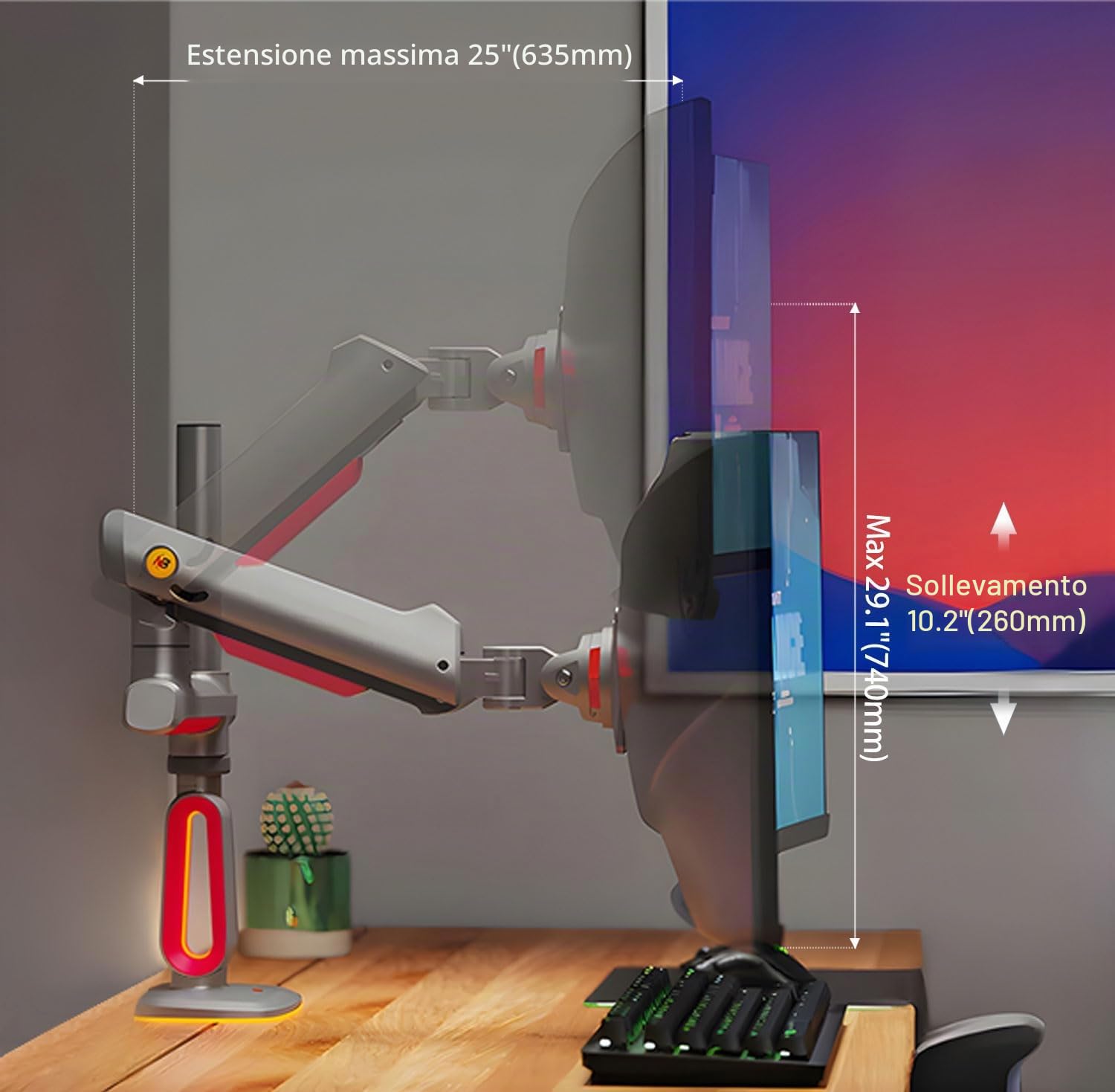 NB Ergonomic Pesante Braccio per Schermo per Ultrawide Scherme fino a 60 Pollici, Ultraalto Supporto per Monitor 32 34 49 Pollici, Braccio Monitor Caricare fino a 20 kg | VESA 75&100 mm (Rosso)
