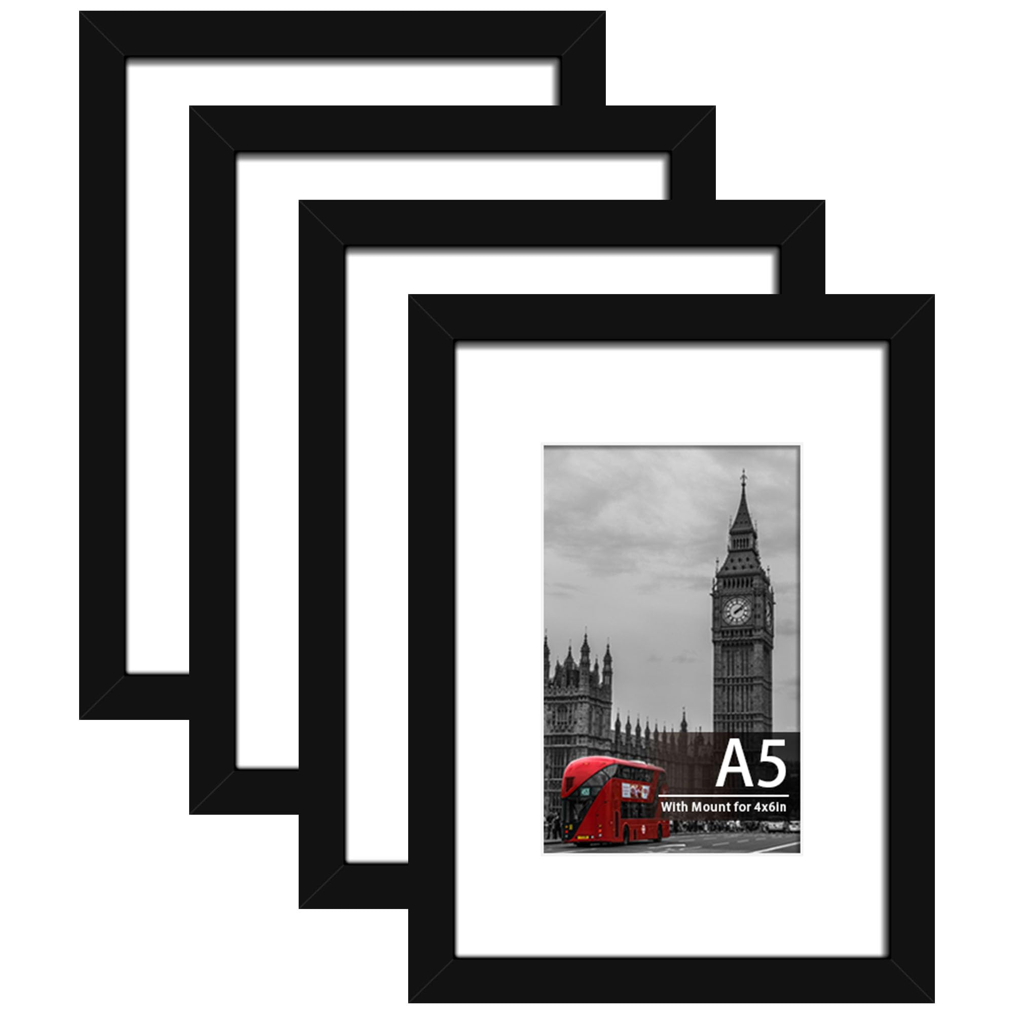 Tinkeps 4 Pack A4 Black Picture Frame, Engineered Wood and Plexiglass, A4 Frame with Mount for A5 Prints, Photos, and Posters, Tabletop and Wall Mountable — view 12
