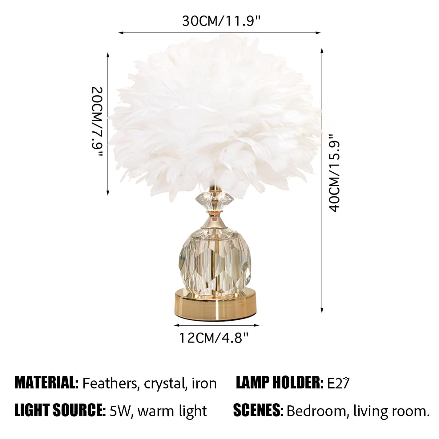 Base De Cristal Lámpara De Mesa De Plumas Blancas Lámpara De Noche De Plumas Románticas Lámpara De Noche De Plumas Lámpara De Plumas Decoración De Dormitorio, Lámpara De Cabecera De Sala De Estar