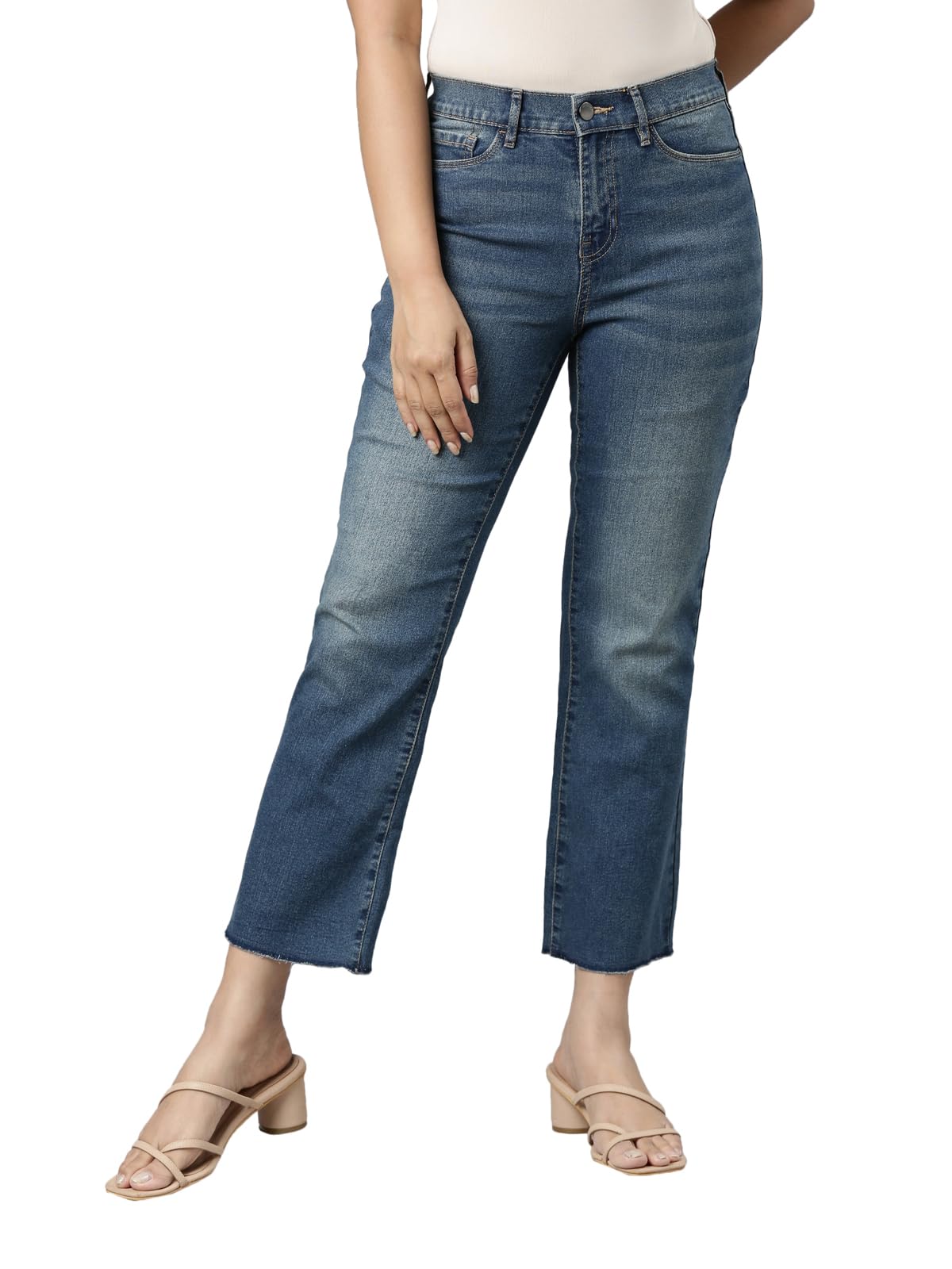 go colors Women Solid Denim Mid Rise Mini Flare Jeans-picture-15