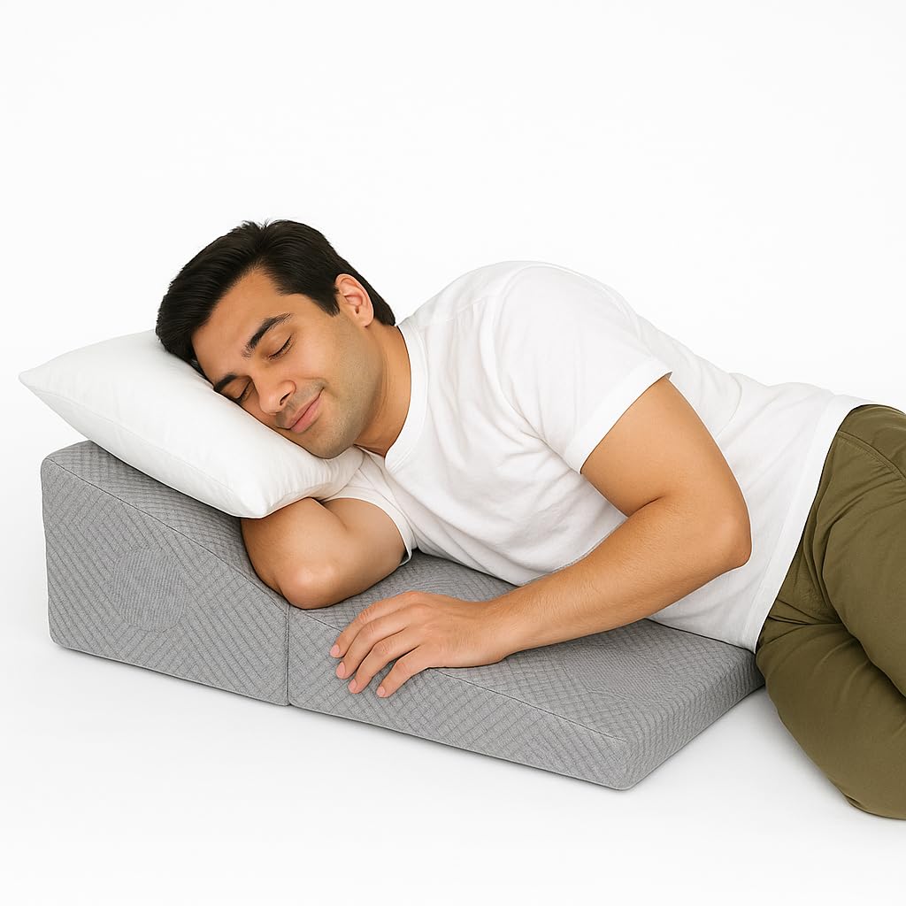 CUSHIO Folding Bed Wedge Pillow for Acid Reflux | Back Support & Leg Elevation for Restful Sleep | Easy to Store, Easy to Clean Removable Soft Fabric Cover | Size 30"x24"x8" Inches (Grey)-image-2