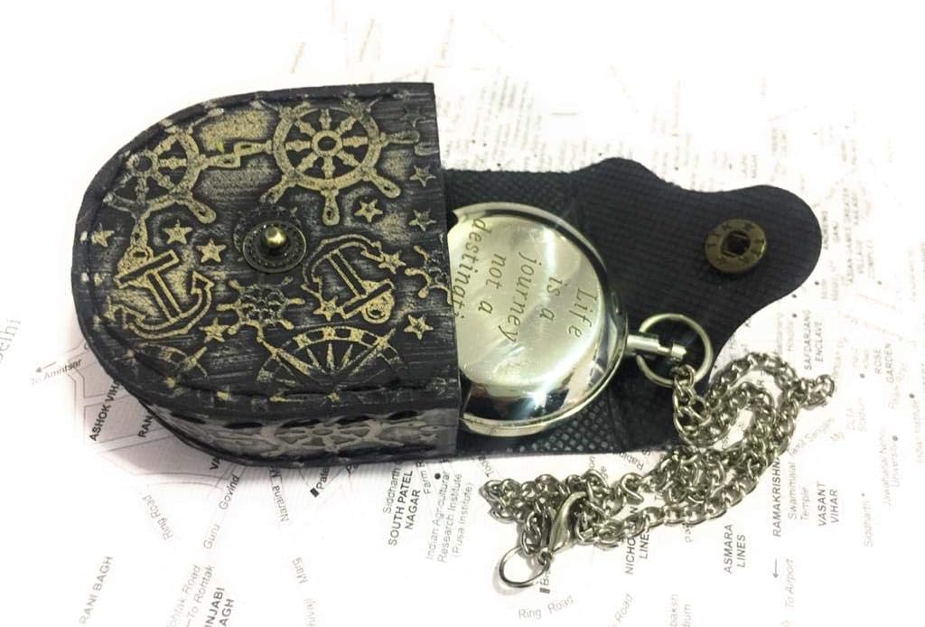 Brass Compass Nautical Push Button with Chain and Leather Case