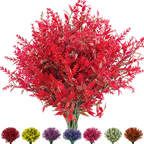 NOV FIRE Artificial Outdoor Lavender Flowers,10 Bundles Artificial Outdoor UV Resistant Fake Flowers,Outside Plastic Faux Flower Shrubs for Indoor Outside Decorations(Red)