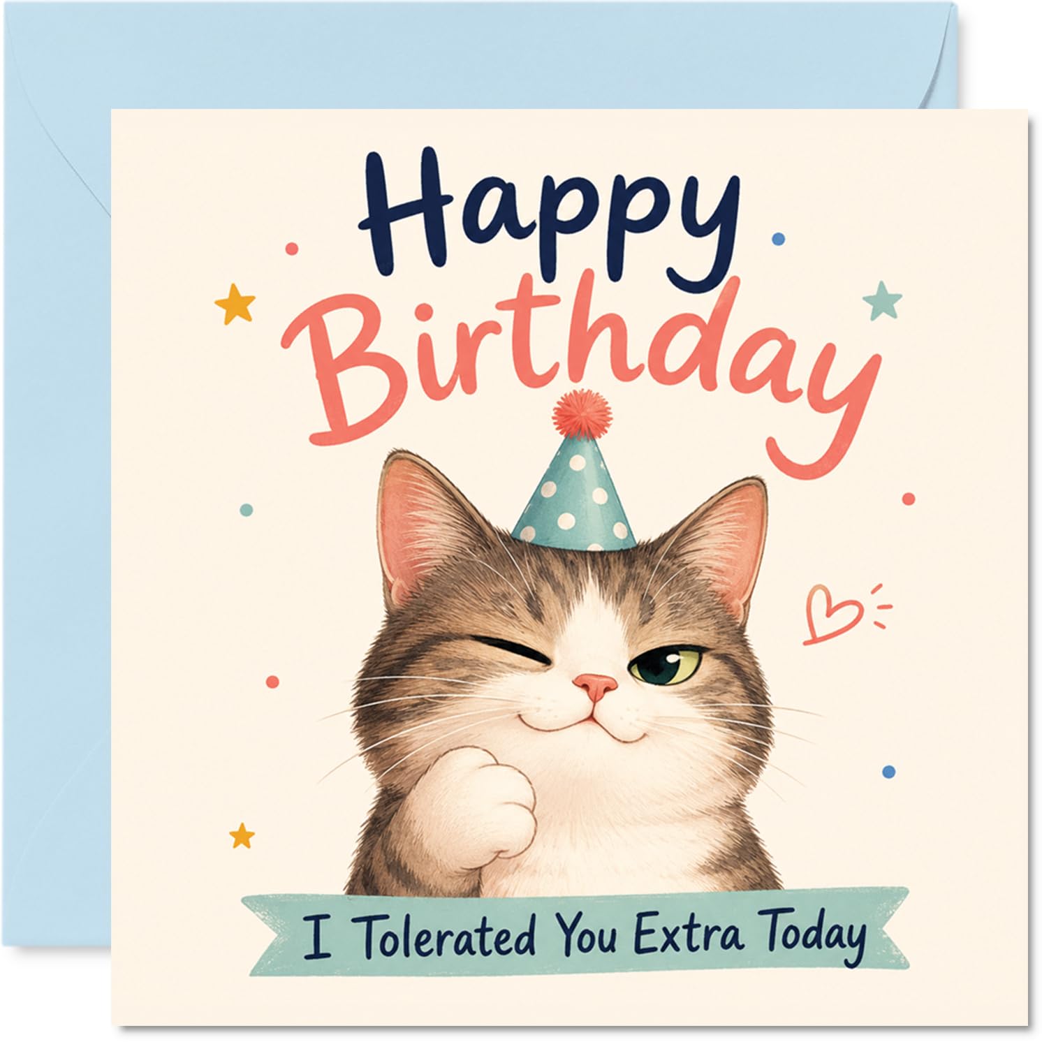 Cheeky Birthday Card - Winking Cat in a Party Hat Brings a Playful Dig - Colourful Confetti and Heart Details - 145mm Square, Envelope Included