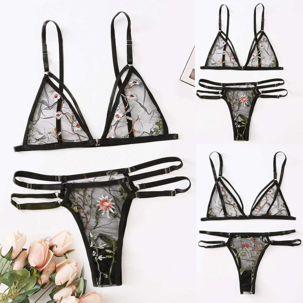Mujer Sexy Negro con Encaje Sensual Elegante Fina Lenceria para DamaConjunto de lencería Mujer Tentadora Lencería Transparente Negra Sexy Tanga Ropa de Dormir-Black_XXL