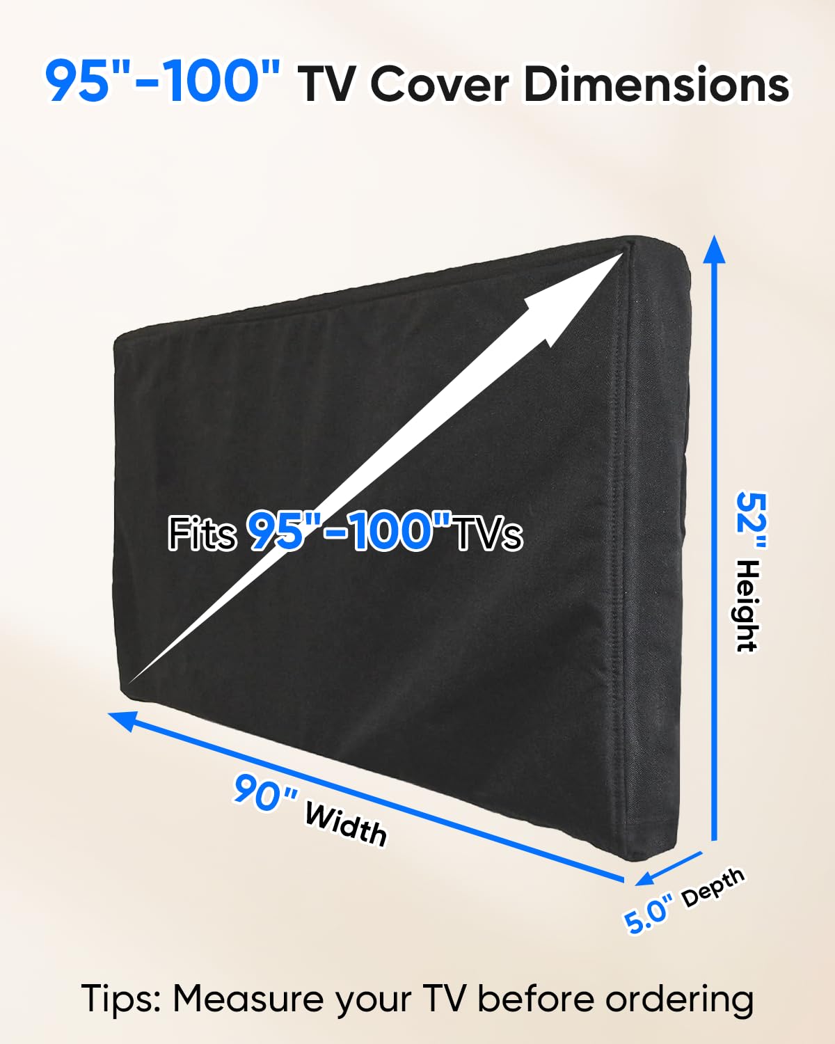 Outdoor-TV-Abdeckung 95-100 Zoll mit Reißverschluss, wetterfeste Abdeckung, Größe 228,6 cm B x 132,1 cm H, wasserdicht für Flachbildfernseher, weiche, Kratzfeste Innenseite, 600D Dicker