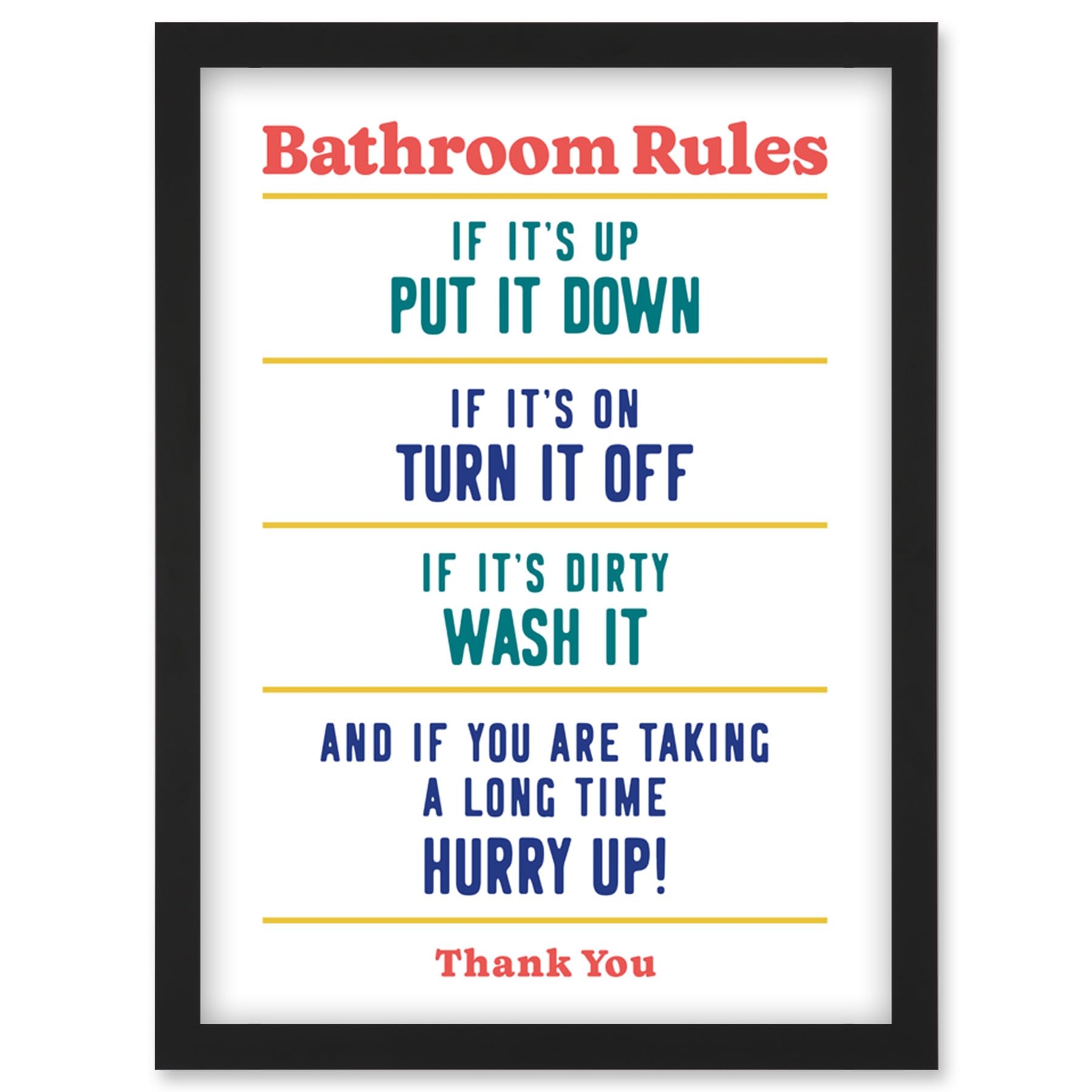 Funny Bathroom Rules Toilet Sign - Framed Wall Art Print - Artery8 - A4 Size - Black
