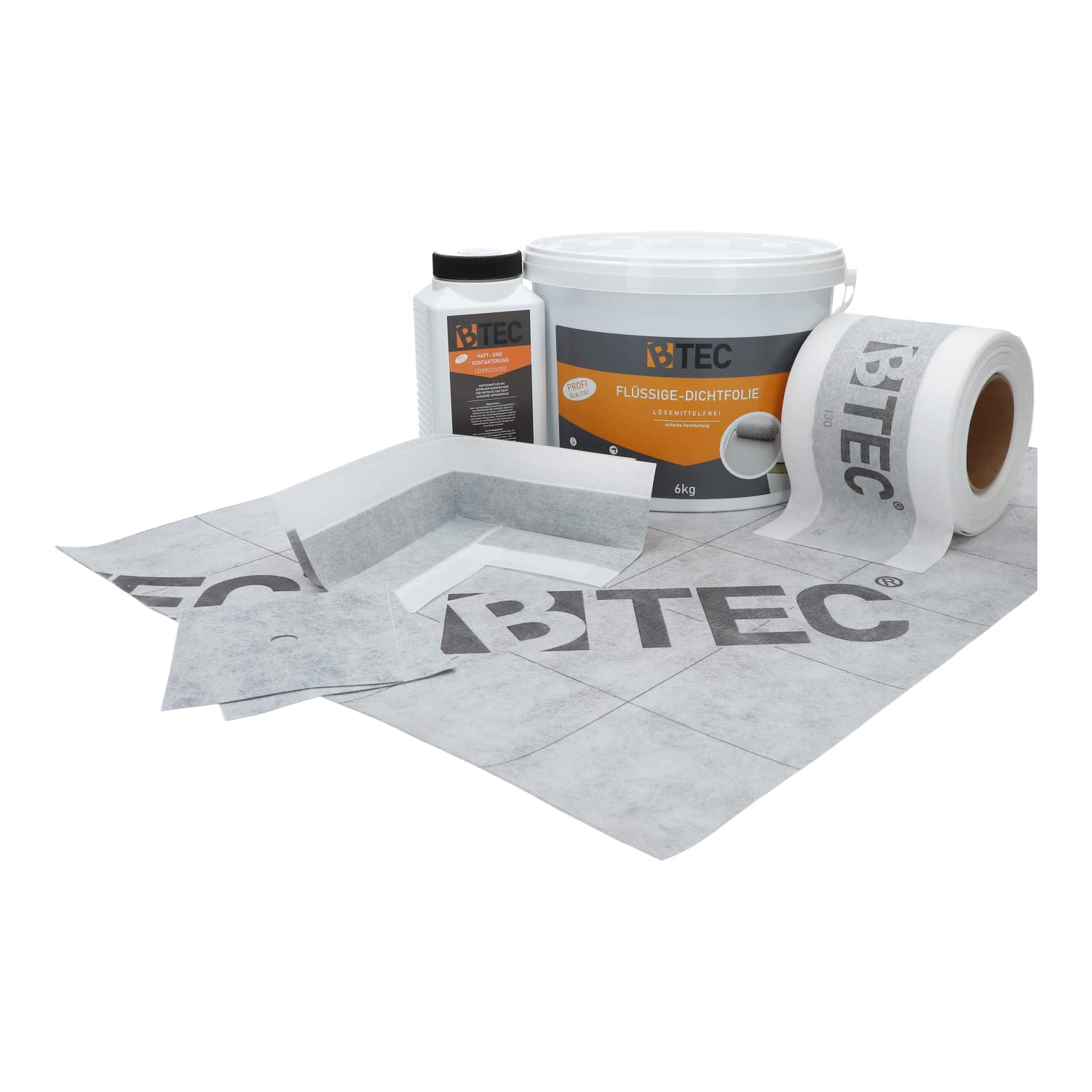 BTEC Dicht-Set 2B Dichtmaterialien Manschetten Innenecken Haftgrund | 1m² Abdichtungsbahn 6kg Flüssigdichtfolie Dichtband Spezial Set kleine Duschnische Verbundabdichtung Innenbereich