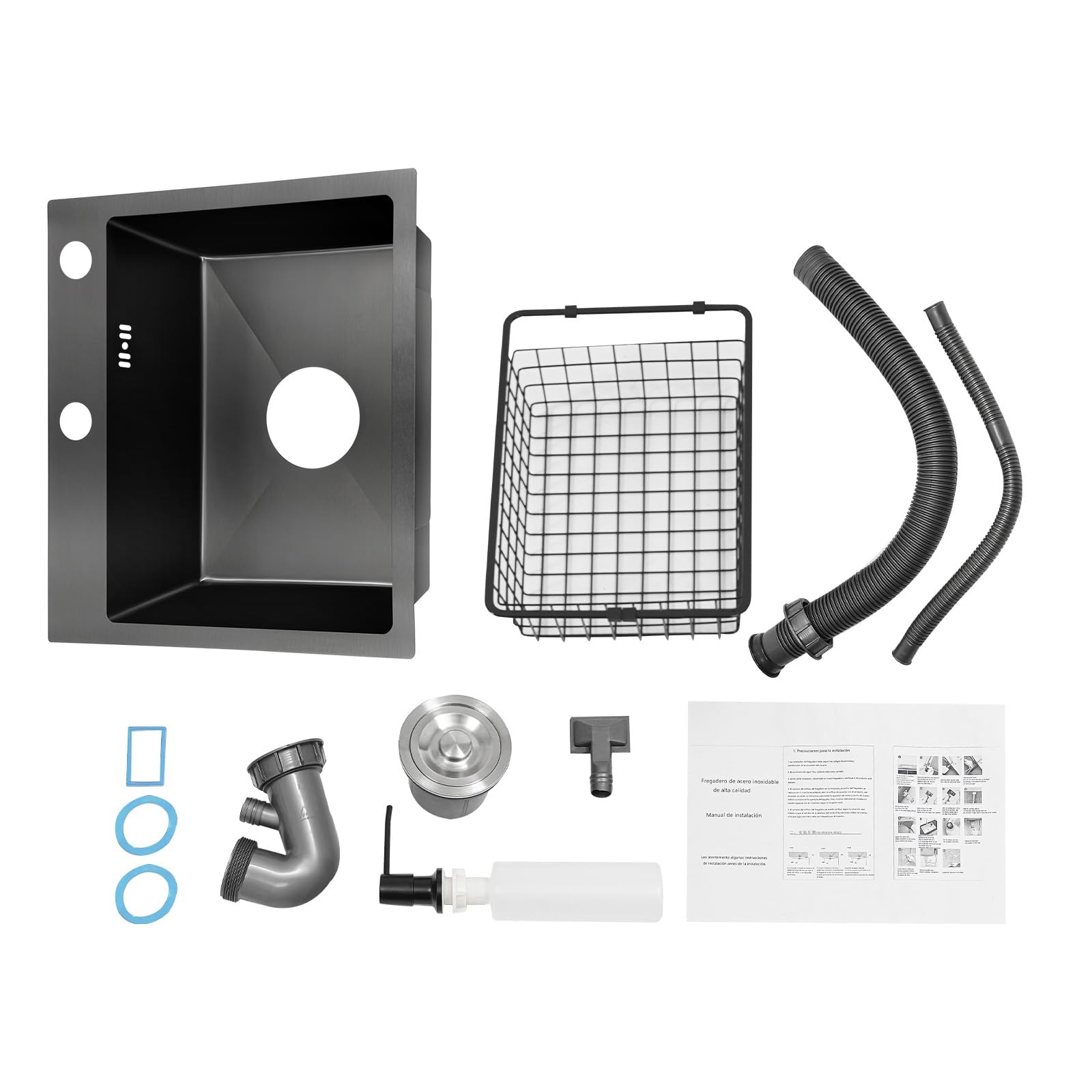 Fregadero de cocina negro, 45 x 40 cm, acero inoxidable, con escurridor, dispensador de jabón y desagüe, para bajo montaje e instalación