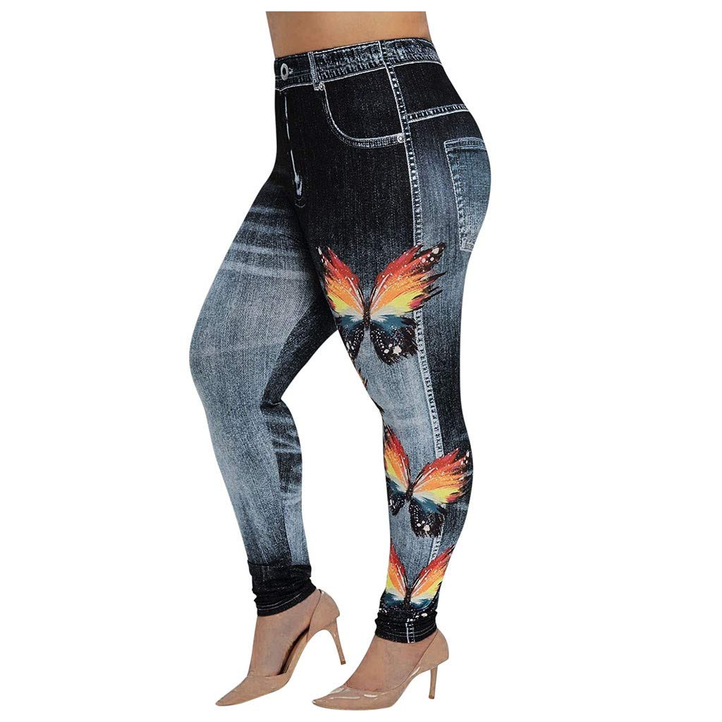 MAYWStretchy Comfy Seamless Skinny Denim Flower Print Fake Jeans Seamless Full Length Leggings