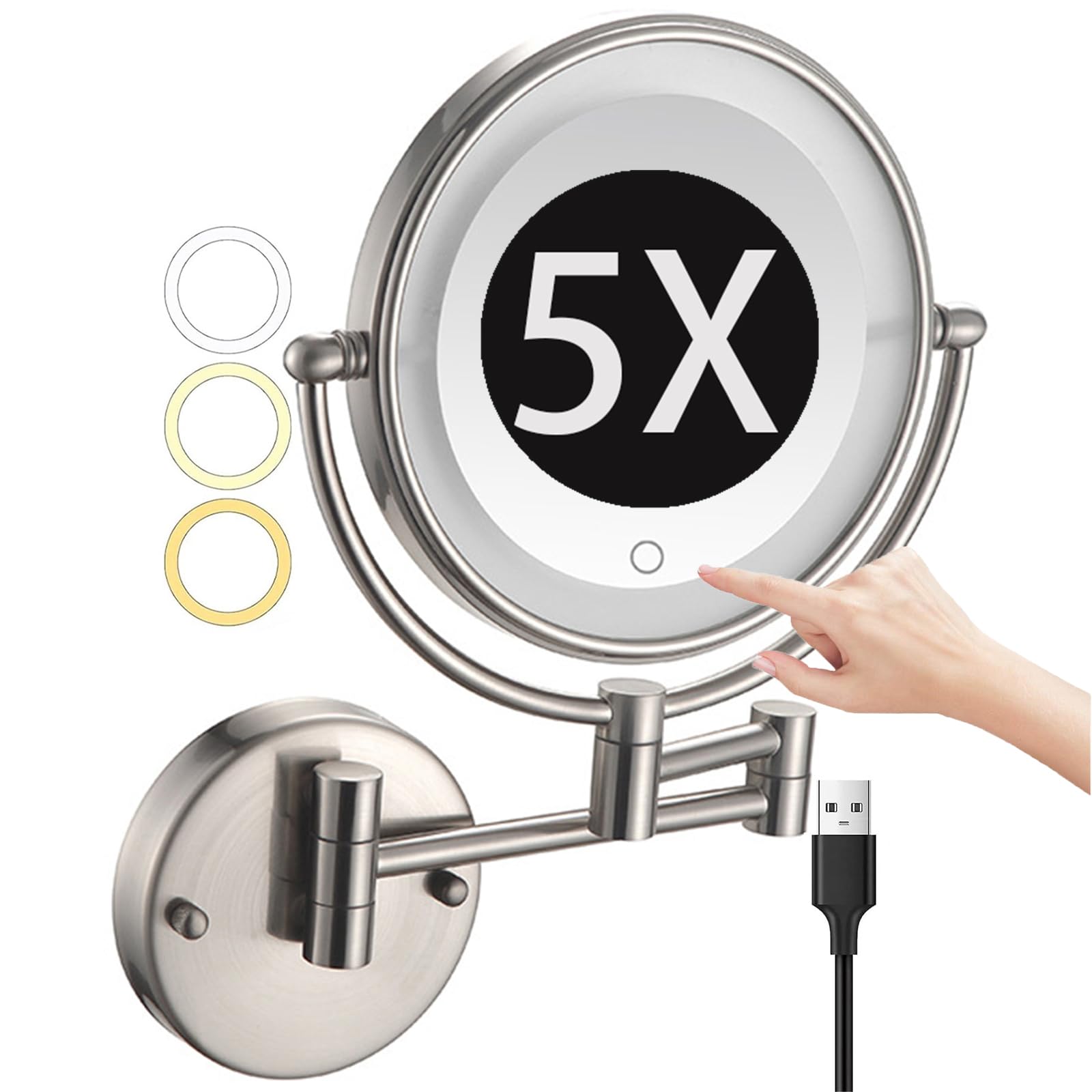 Lustro do makijażu montowane na ścianie, z 3 kolorowymi światłami, dotykowym przyciemnianiem ekranu, dwustronne, powiększające lustro LED 1X/5X,Brushed nickel,USB