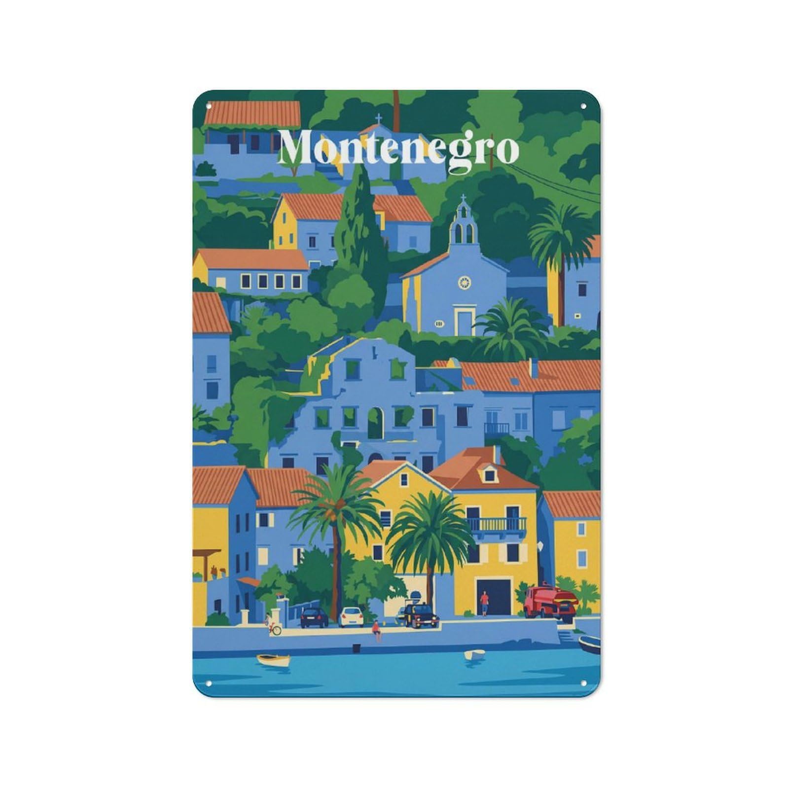Junmoney Style-20 Loft Style Montenegro Coastal Town Decorative Metal Plaque 30X20cm, Studio Wall Art For Workspace, Cafe, Hallway Or Garage