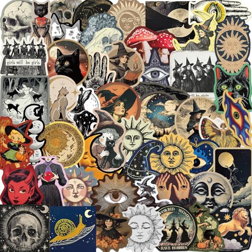 52Pcs Mysterious Celestial Stickers Pack Celestial Witchy Tarot Sun Moon Waterproof Stickers for Laptop Kindle Journal Scrapbook Suitcase Water Bottle Skateboard for Adults