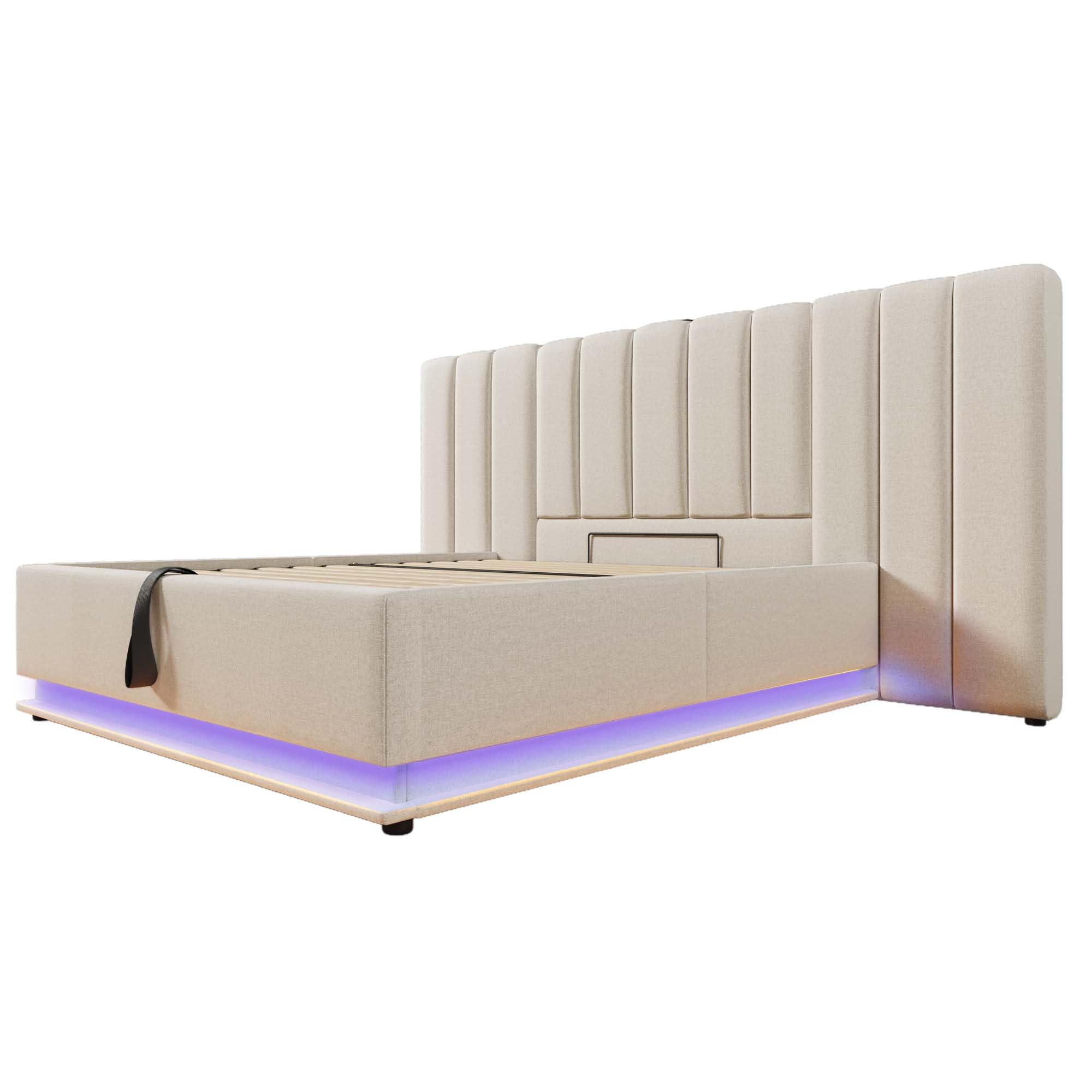 Moimhear Letto imbottito, letto matrimoniale con contenitore con controllo App LED e funzione di ricarica USB-C, lino, senza materasso e comodino (beige, 160 x 200 cm)