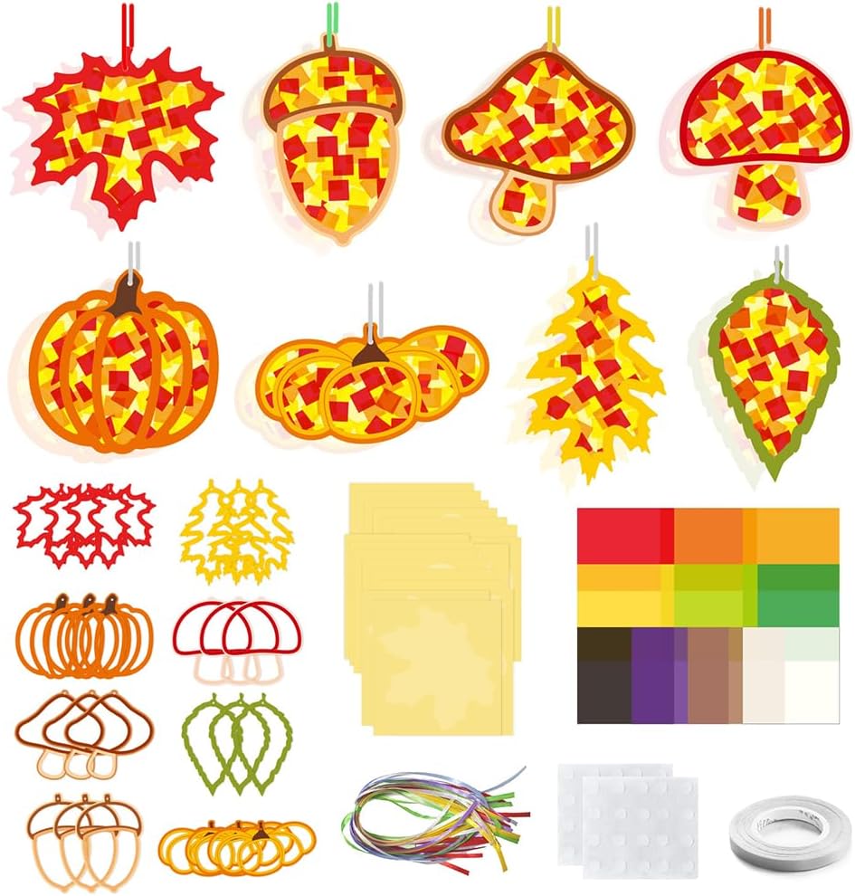 Suny Smiling DIY Fall Tissue Paper Suncatcher Craft Kit, Maple Leaf Pumpkin Acorn Mushroom Cutout Window Stained Glass Art Supplies for Classroom Thanksgiving Harvest Party Activities