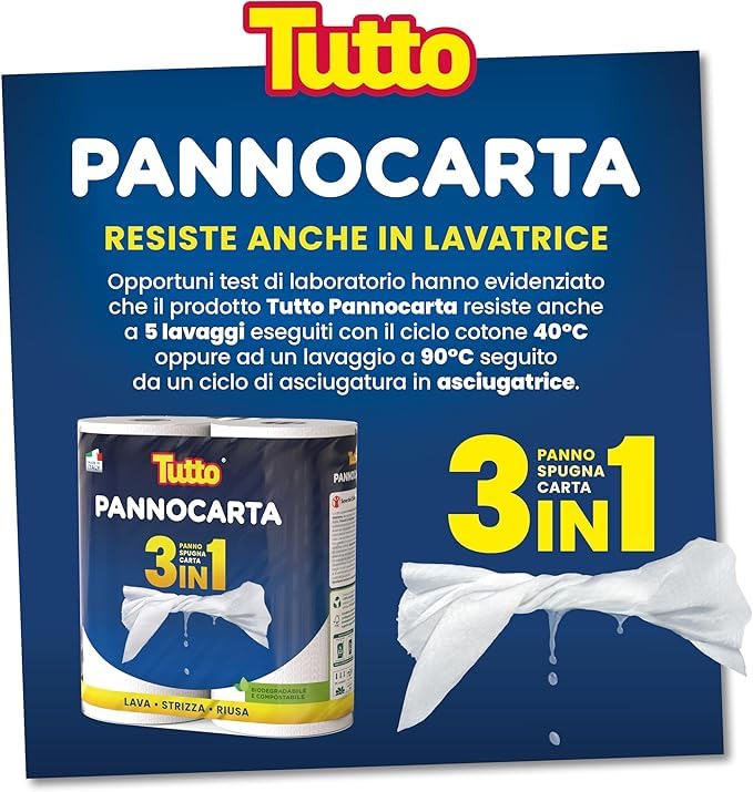 Tutto Pannocarta 3 in 1, 24 Rotoli di Carta Multiuso, 1 Velo, 48* strappi, Extra Assorbente, Lavabile e Riutilizzabile più di 20 Volte, 100% Made in Italy