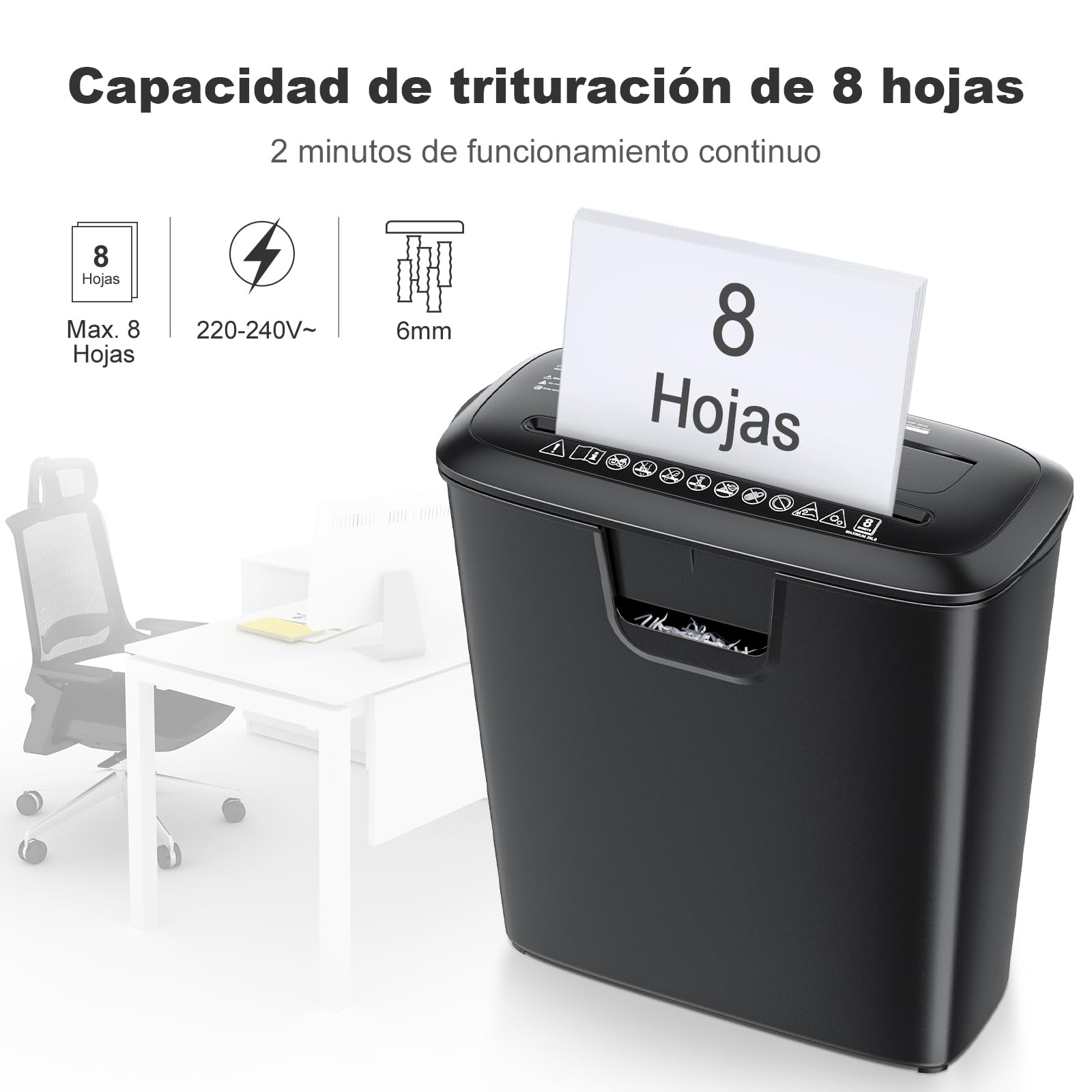 Bonsaii Trituradora de Papel Corte Recto, Destructora de 8 Hojas, S120-C | Para casa u oficina, destruye CD y tarjetas de crédito, protección térmica, papelera de 13L, fácil de vaciar