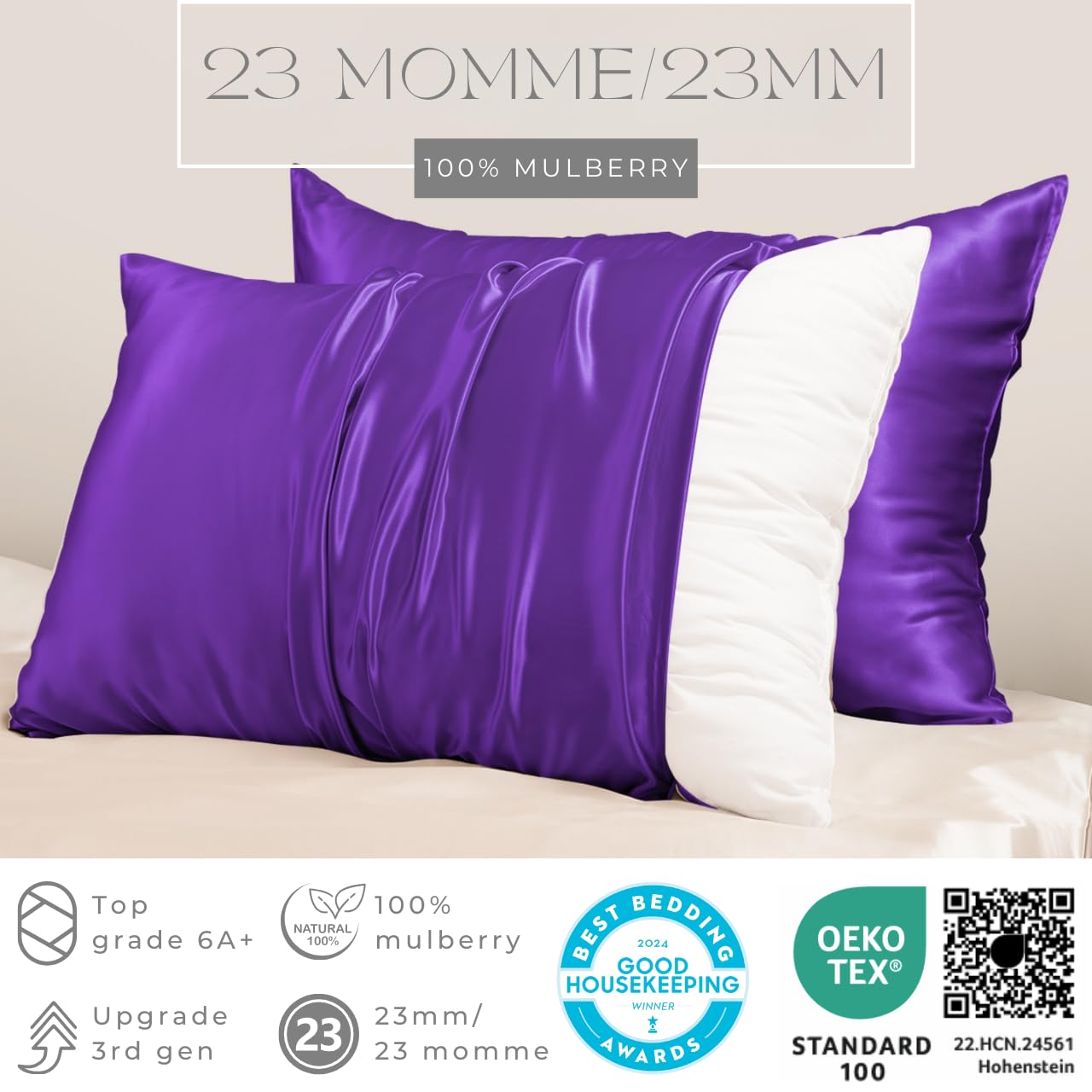 PROMEED Juego de 2 fundas de almohada de seda de 23 momme para niños con bolsa de colada, seda de morera natural de grado 6A+, juego de viaje, con cremallera (niños/viajes, 33 x 46 cm, morado)