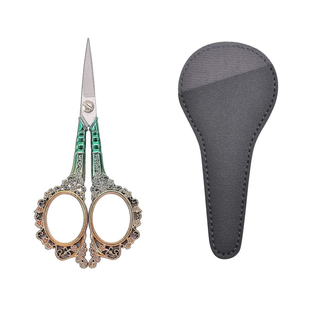 Azonee Elegant 4.5 in Sewing and Embroidery Scissors with Protective Sheath - Ideal for Craft, Cross Stitch, Needlework, Artwork, Thread, and Yarn Cutting (Gold Green)