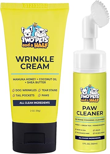 Pasta antiarrugas para bulldogs de 2 onzas + limpiador de patas para perros, 5 onzas (fabricado en Estados Unidos), sin erupciones ni suciedad en