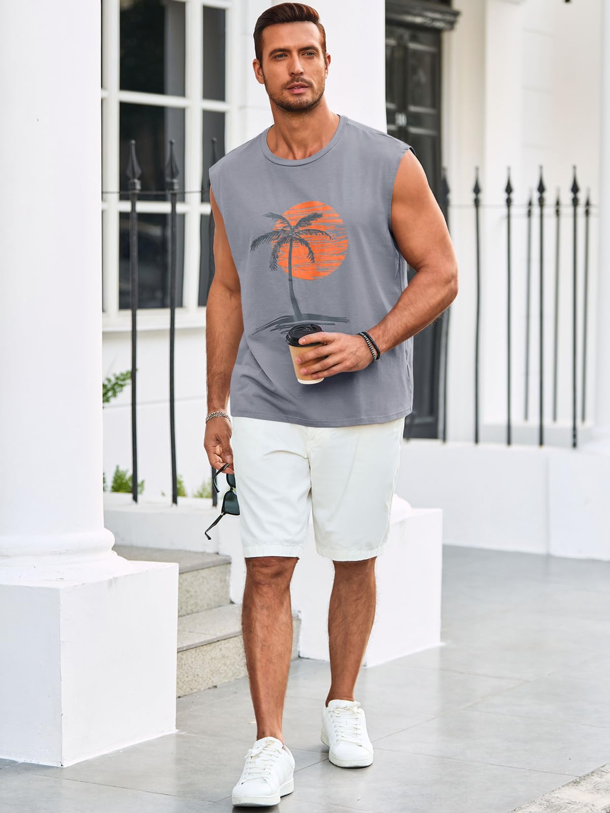 Runcati Tank Top męski bez rękawów z nadrukiem palm, koszulka na siłownię, sport, fitness, koszulka mięśniowa, luźna koszulka pod pachami, na lato, na plażę