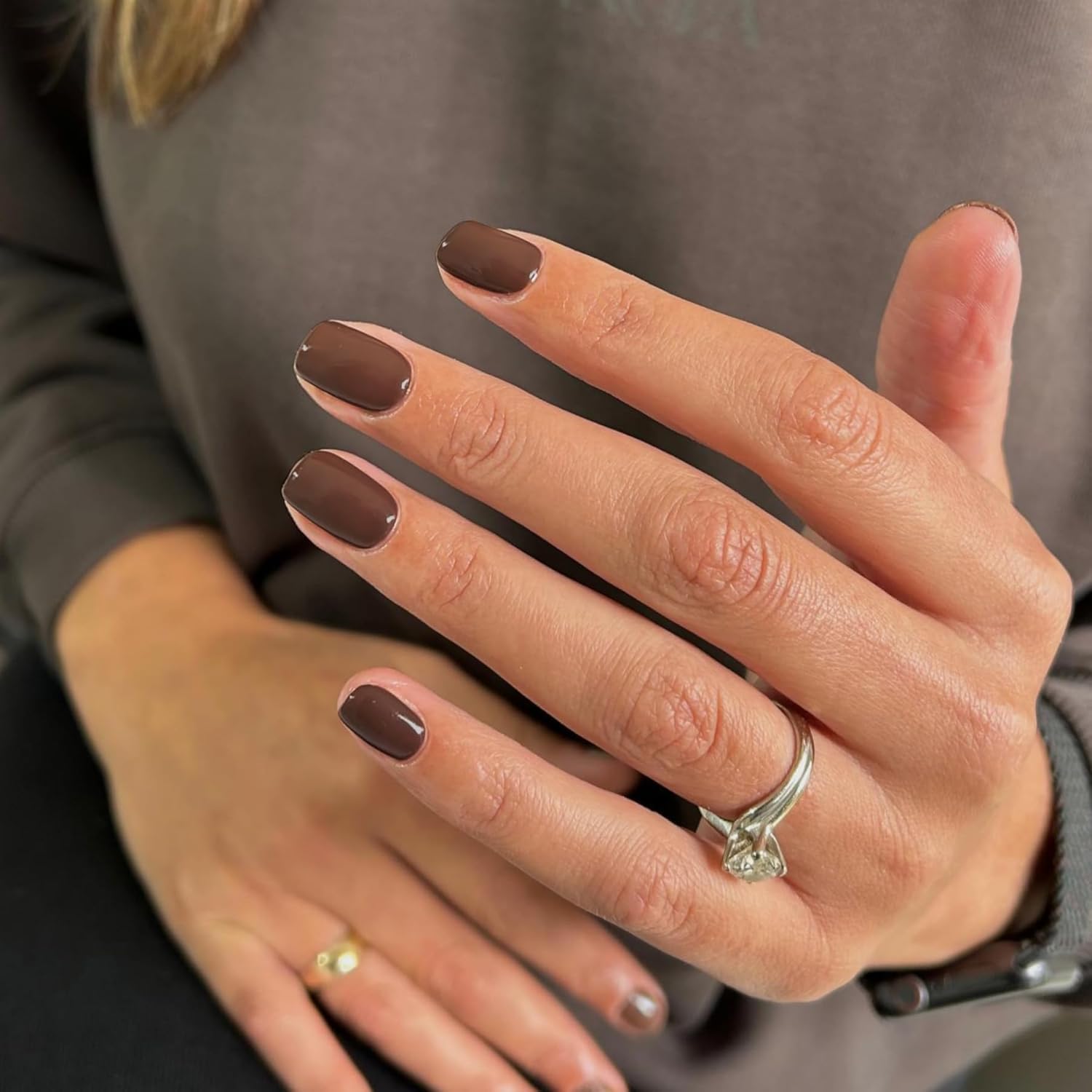 SXVME Dark Brown Press on Nails Short Square Acrylic Short False Nails Coffin Natural Acrylic Fake Nails Set Coffee Solid Color Full Cover Glossy Gel Stick on Nail for Women Fall Winter 24 Pcs
