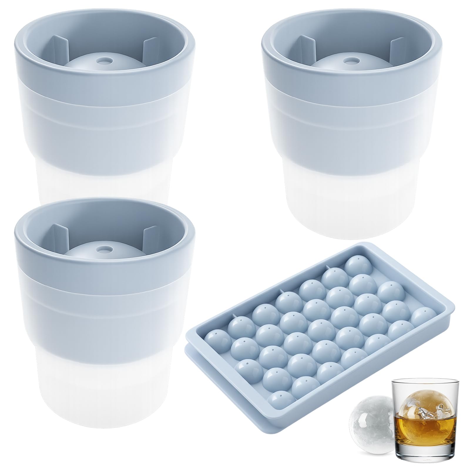 4Pcs Set Ice Ball Mould, 3 Pcs Ice Cube Mould Ice Balls Maker with 1 Ice Tray, 6CM Reusable Large Sphere Shaped Ice Cube Moulds for Making Big Ice Ball, Perfect for Cocktails and Beverages(Blue)
