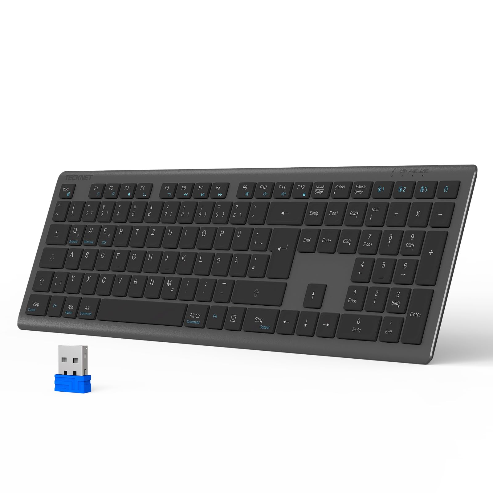 TECKNET Teclado Bluetooth inalámbrico, Recargable, multidispositivo inalámbrico, con fácil hasta 4 Dispositivos, Ultrafino, diseño alemán (QWERTZ), para Mac, Windows, iOS, Chrome OS Global Recycled Standard Global Recycled Standard Global Recycled Standard
