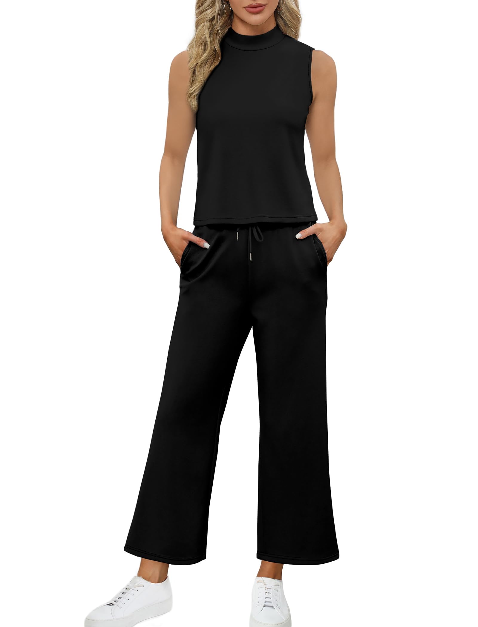 Desol Chándal de dos piezas para mujer, para el tiempo libre, chándal de verano, traje, sin mangas, informal, pantalones de chándal con bolsillos