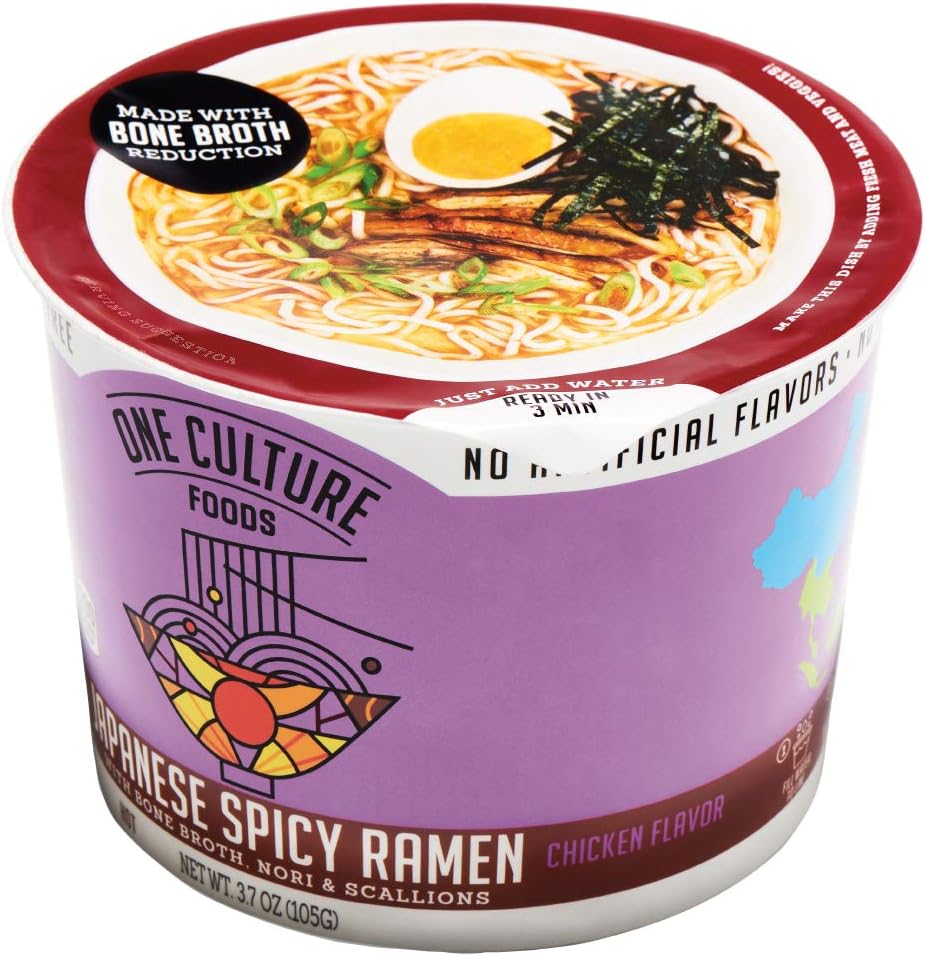 One Culture Foods Bone Broth Instant Cup Noodles, Japanese Spicy Ramen - Natural - Non-GMO (Pack of 8)