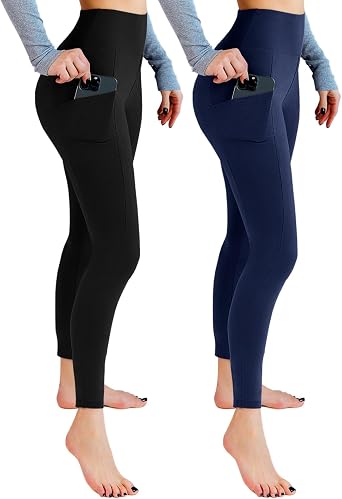 Leafigure 2 Pack Leggings with Pockets for Women, High Waisted Soft Leggings for Yoga Gym
