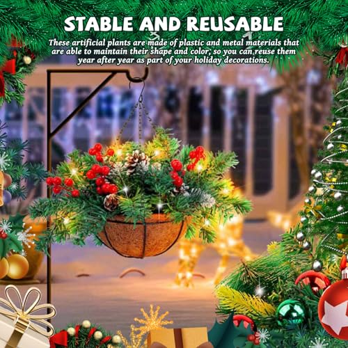 Panier suspendu Noël extérieur lumineux avec pommes de pin et baies artificielles - 6