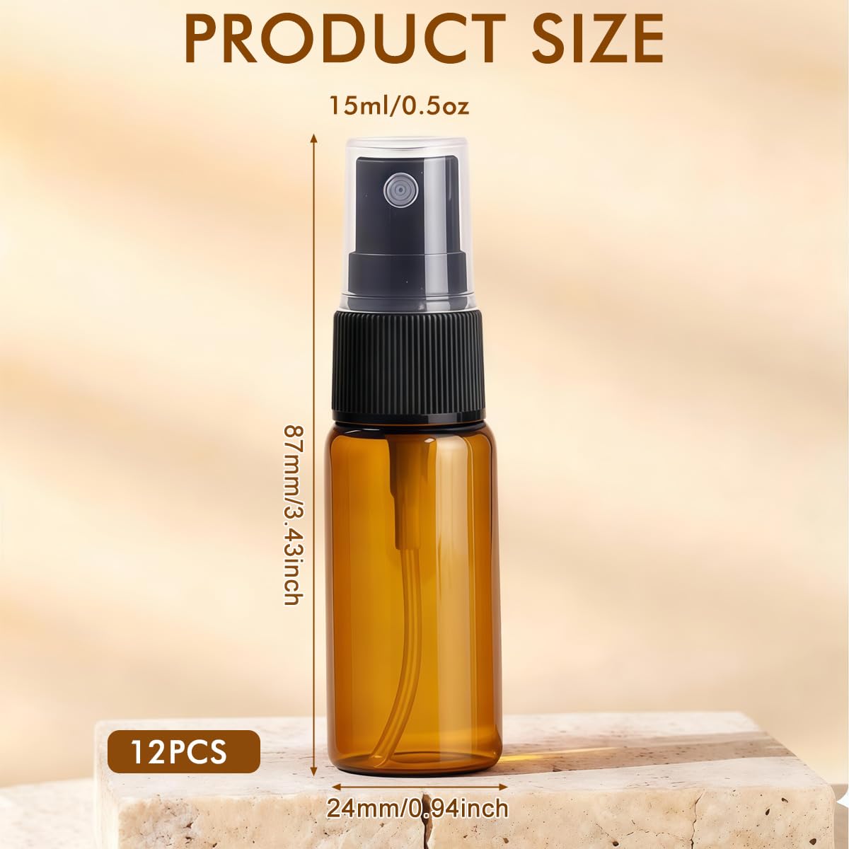 12 bottiglie in vetro ambrato vuote, rotonde, con atomizzatore trasparente, perfette per oli essenziali, aromaterapia e altri prodotti cosmetici (15 ml)