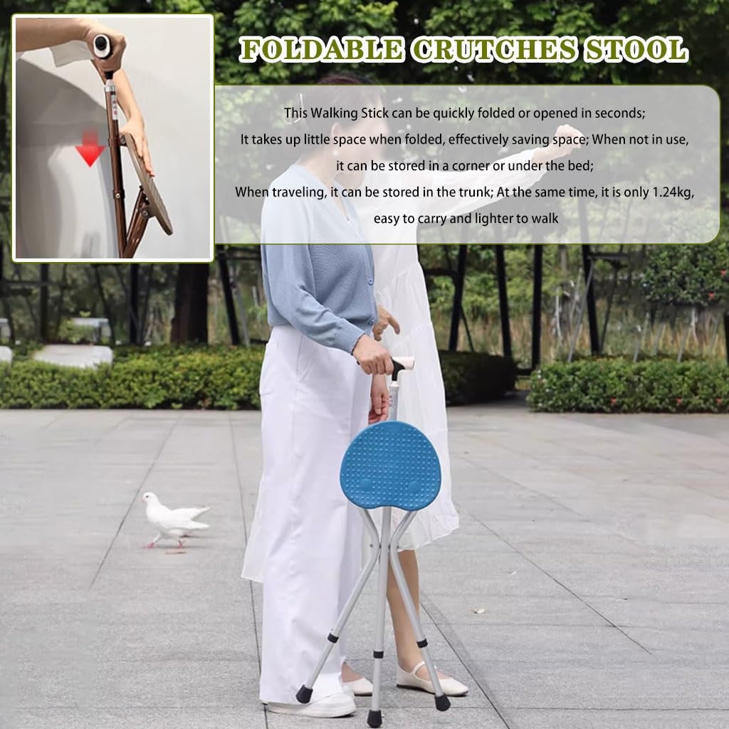 Bastón Bastón Extensible Muletas con Asiento Multifuncional 2 En 1, Silla De Muleta De Seguridad Antideslizante, Taburete Resistente De Las Muletas De Las Mujeres, para Viaje Al Campo(Blue Color)