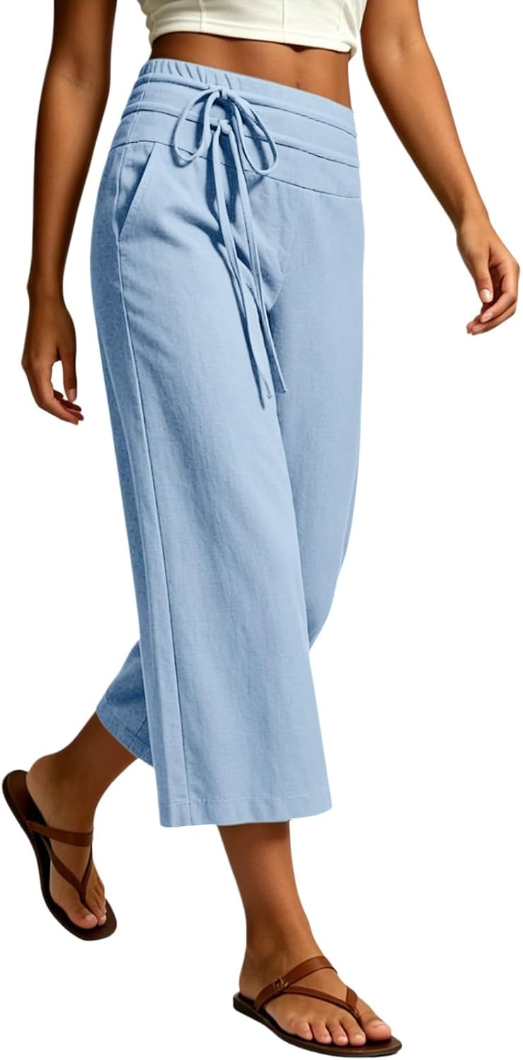 High Waist Wide Leg Linen Palazzo Trousers, Pocketed Loose Pants for Womens Summer Beach Vacation Outfits