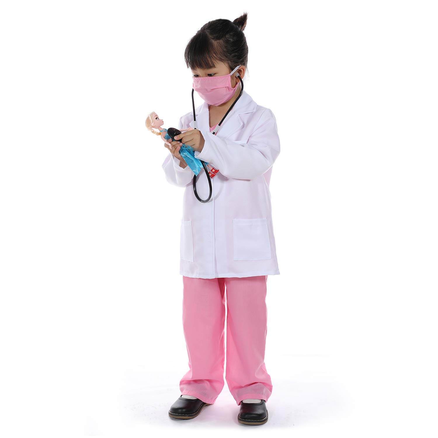 LeadtexPretend-Play Doctor Costume for Kids,Dress up Role Play Doctor Clothing with top,Pants,mask,Coat and stethoscopes.