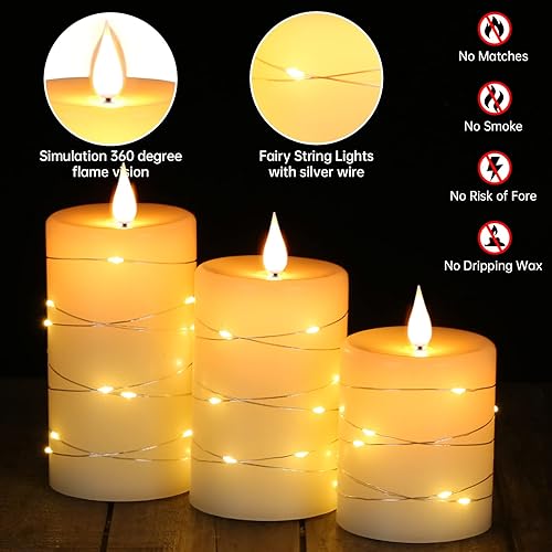 Vista 36 de Da by Velas sin llama con tira de luces, velas que funcionan con pilas, velas LED parpadeantes con control remoto y temporizador, cera real, paquete