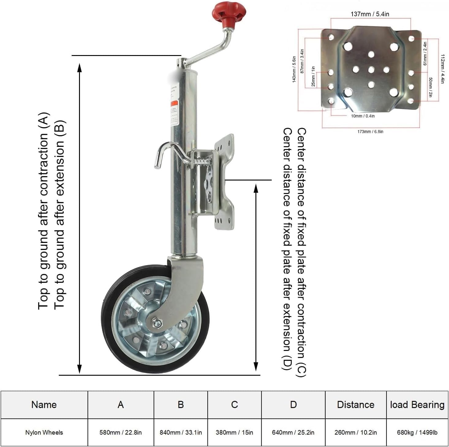 Trailer Jack Wheel Boat Trailer Jack with Wheel Lifting Screw Mount Swivel Jack 1500lbs Heavy Duty Nose Wheel with 20cm for Yachts Boats Trailers (Rubber Clad Iron Wheel)