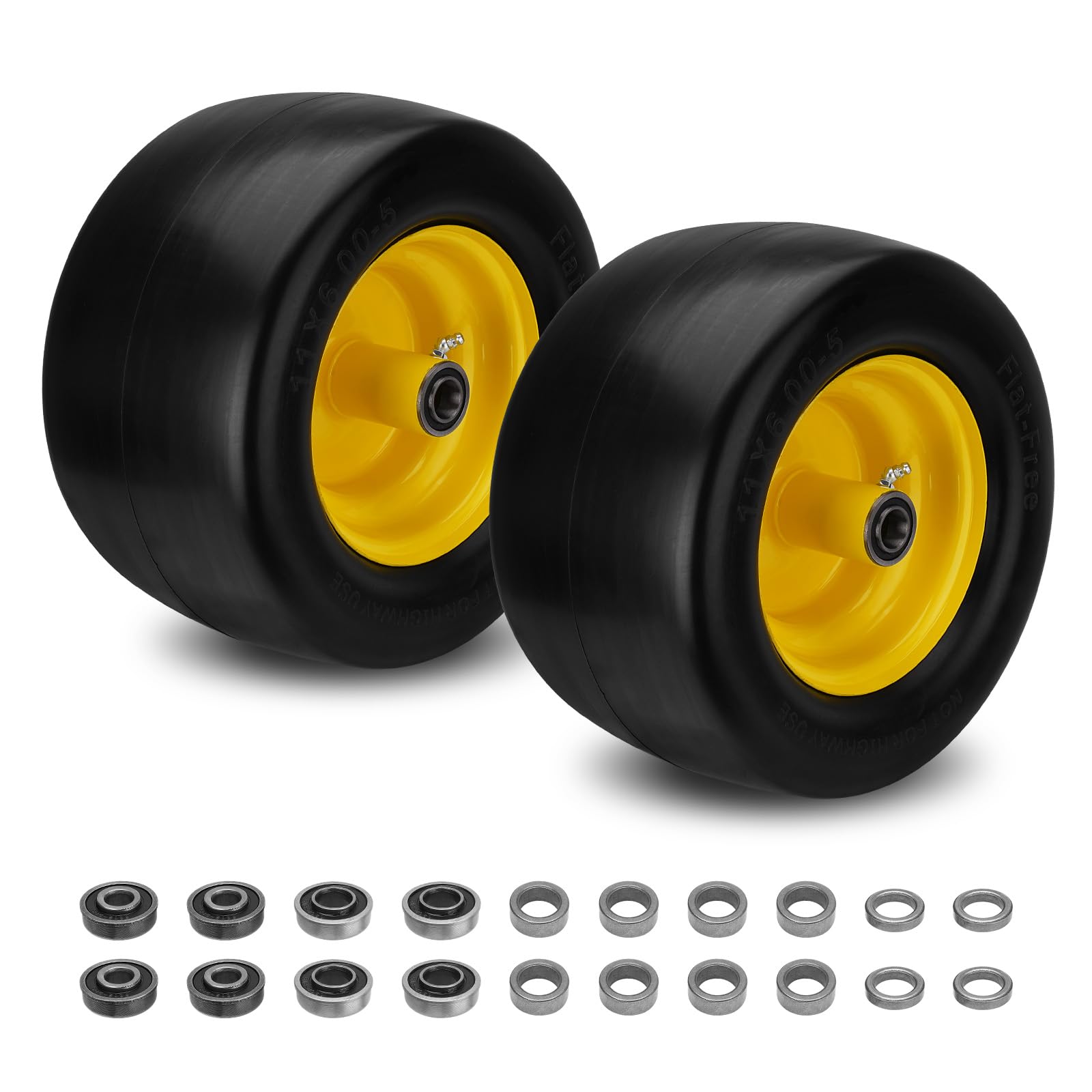 2PCS 11x6.00-5 Flat Free Tire and Wheel with 1/2" & 3/4" & 5/8" Precision Bearings and 5.8"-10.4" Centered Hub, Front Zero-Turn Smooth Tire Assembly Replacement for Riding Lawn Mowers Garden Tractor