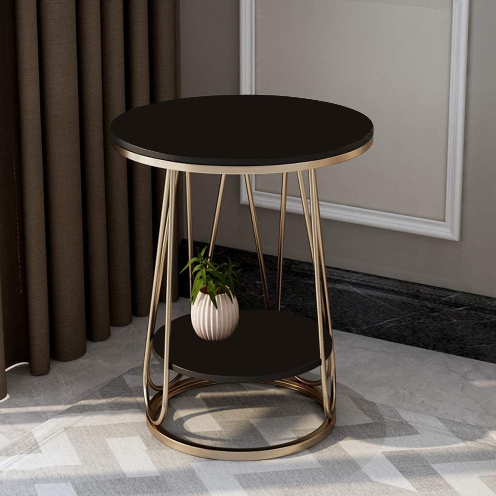 Al Hama Double-Layer Iron Metal Round Nightstand Bedside Table for Sitting Room Sofa Bedroom Bedside Storage Table Home Office Desk (Gold & Black)-image-25