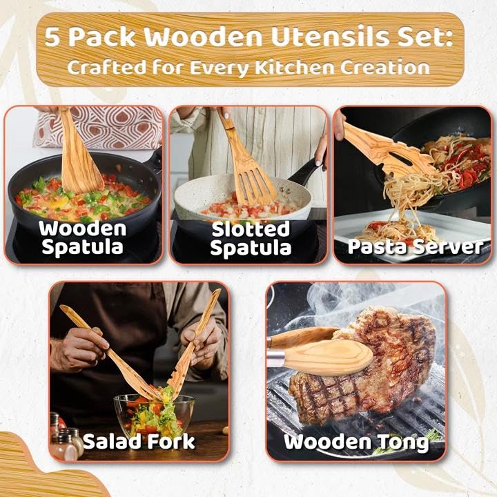 Edergoo Olive Wood Cooking Utensils Set, 5 PCS Wooden Spoons for Cooking Includes Stainles - image 8