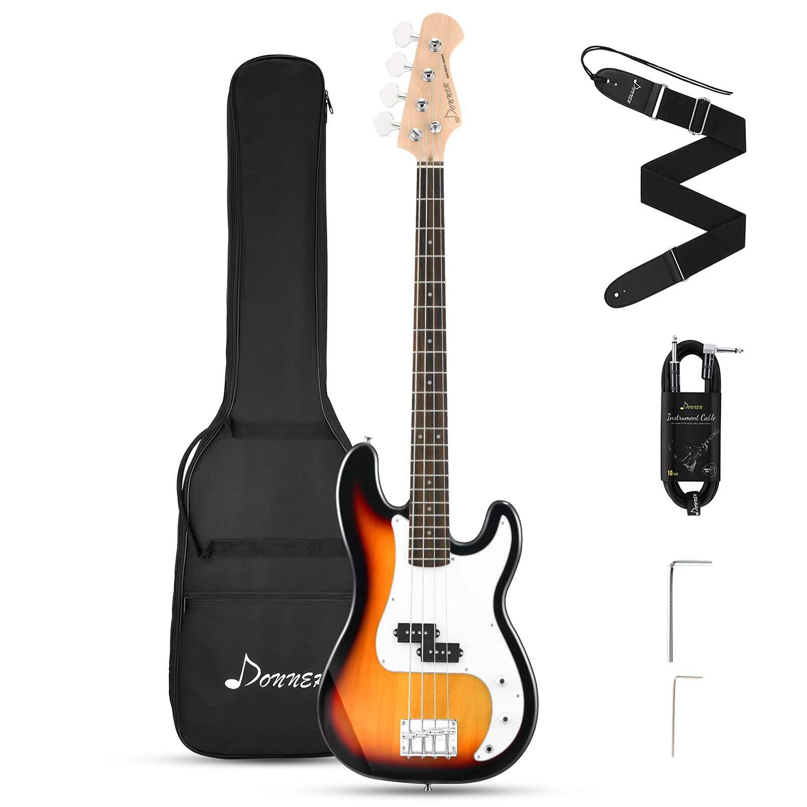 donner electric bass guitar 4 strings full size p bass beginner kit sunburst for starter with gig bag, guitar strap, and guitar cable, dpb-510s