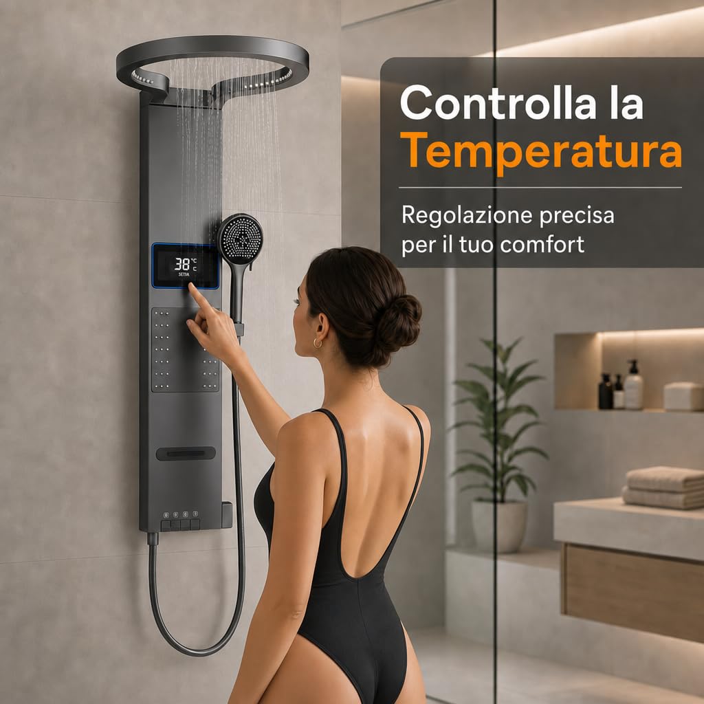 INEX EUROPA Pannello doccia termostatico di lusso grigio titanio - Colonna doccia idromassaggio con 10 anni di garanzia e 4 modalità di funzionamento - Torre doccia alta 105 cm, collezione Daytona