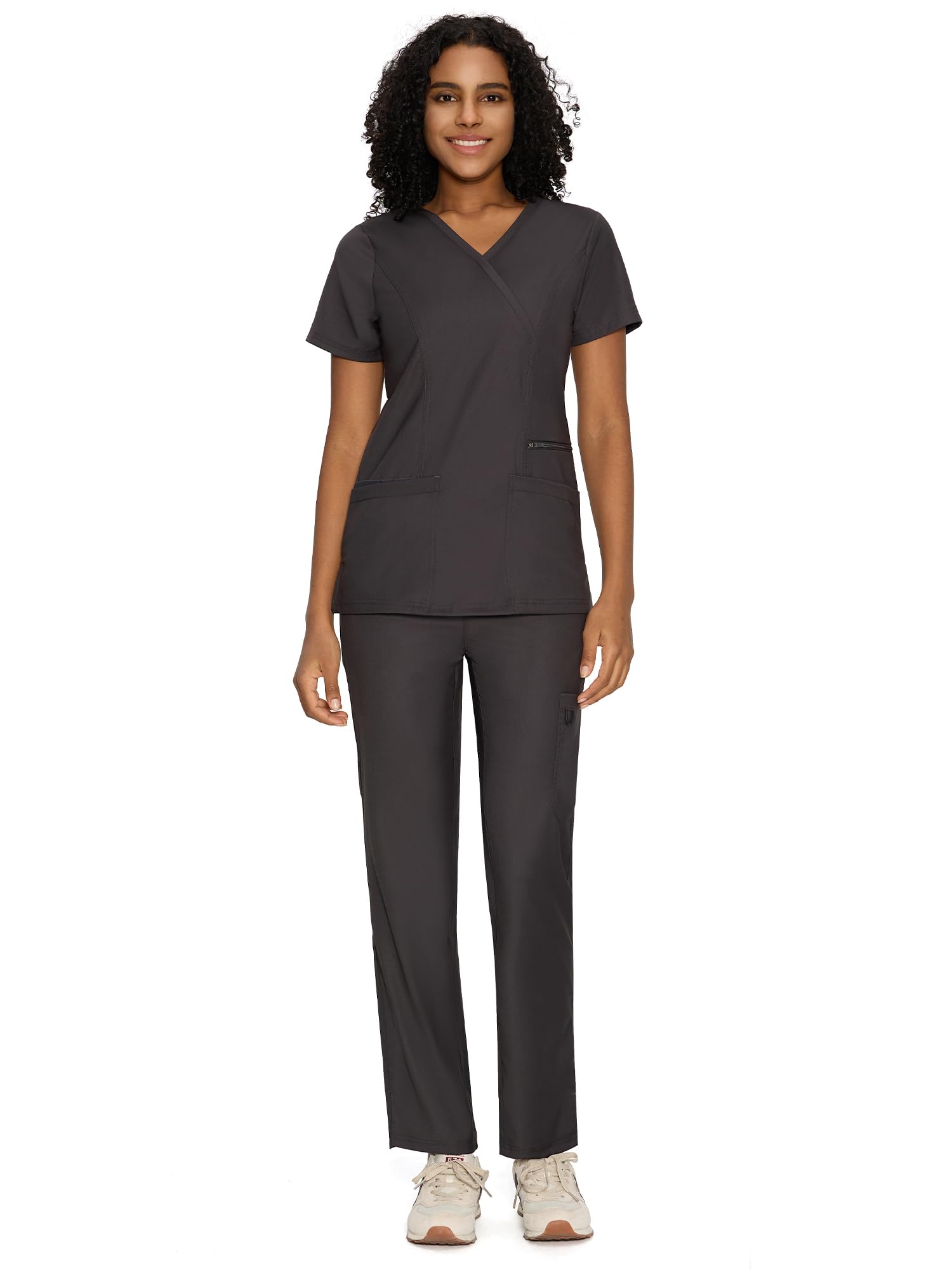 COZYFIT Scrubs for Women - Mock Wrap Top & Straight Leg Pants with 6 Pockets, Back Princess Seams, Soft Fabric